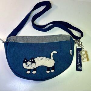 Kusuguru Japan Blue Cat Embroidered Crossbody Bag